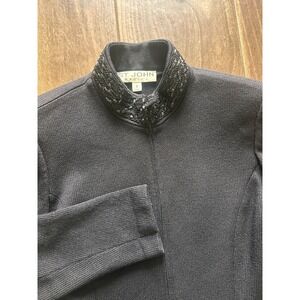 St. John Basics Knit Full Zip Cardigan Sweater Jacket Black Sz 2 SM Neck Accent